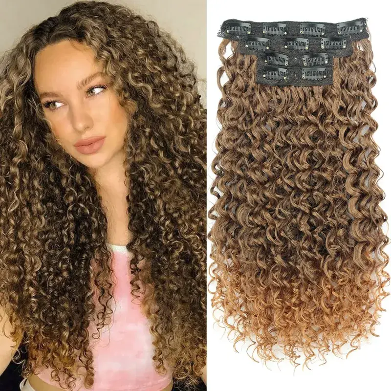 Synthetic Kinky Curly Clip In Hair Extensions Black Brown 4pcs/set Full Head Fake Pieces Hair Accessories Suitable For Women
