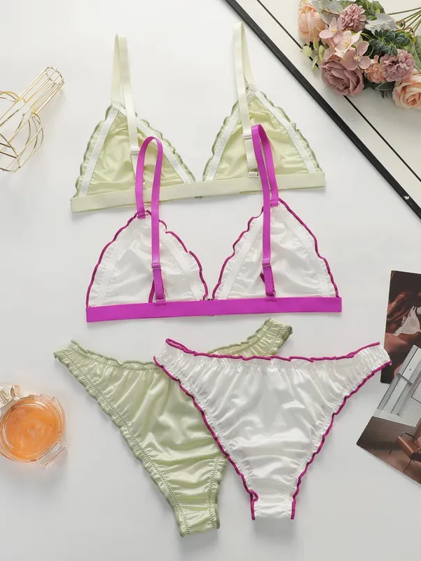 2Set Wanita Satin Segitiga Set Pakaian Dalam Wanita Bra Penutupan Depan Tanpa Wayar dengan Ruffle Trim Lembut Selesa Bra dan Set Seluar Dalam untuk Harian — image 2