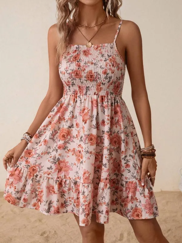 Women's Floral Print Shirred Spaghetti Strap Dress - Summer Boho Ruffle Sundress Casual Beach Maxi Dress — image 9