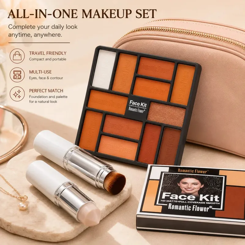 2-in-1 Color-Adapting Foundation Stick with Blending Brush and Warm Tone Eyeshadow Palette Makeup Set Novice beauty set — image 6