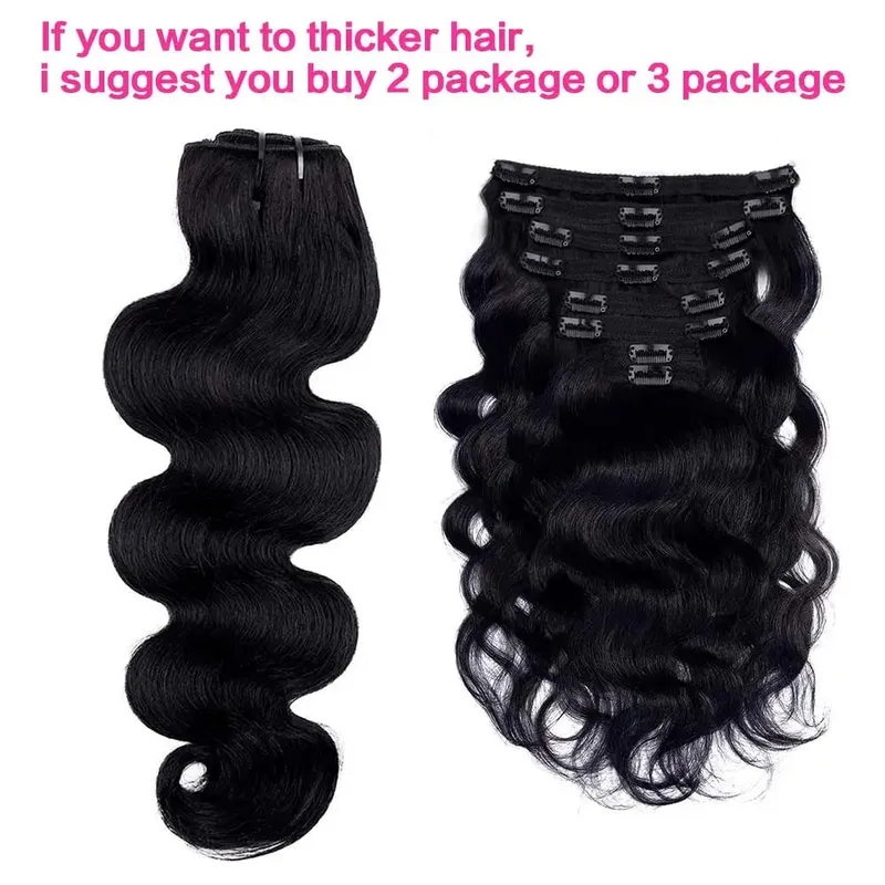 Body Wave Clip in Hair Extensions 100% Human Hair With Double Weft Brazilian Clip In 8Pcs 120G For Black Woman Clip Ins Hair #1B — image 5