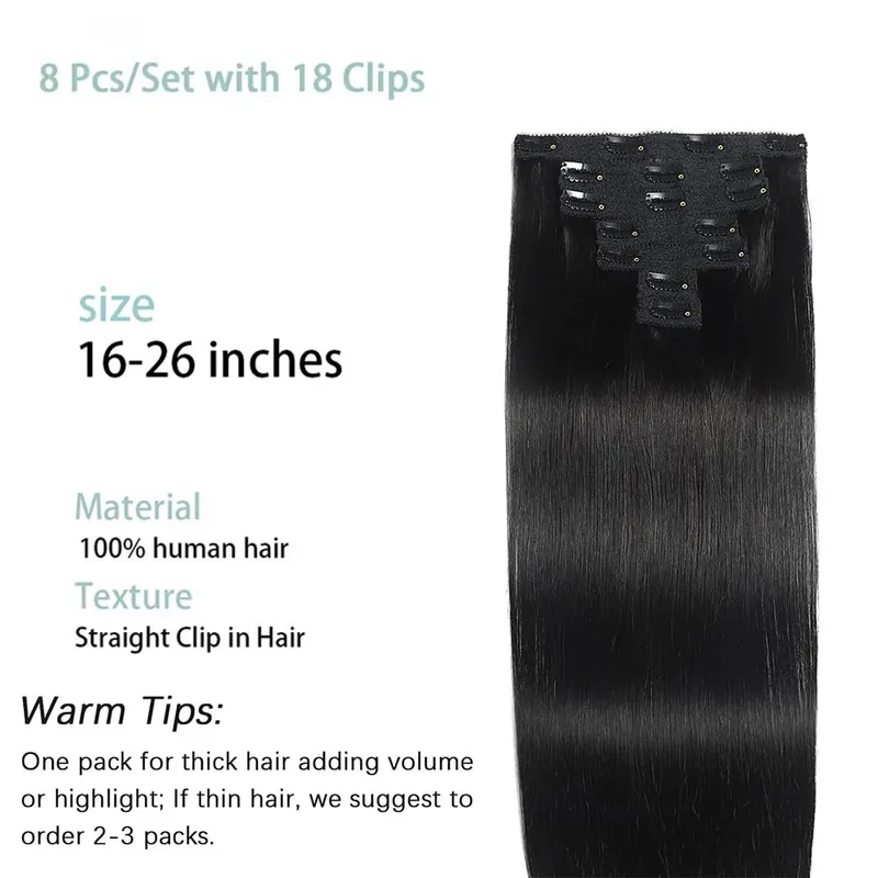 Straight Human Hair Clip in Hair Extensions 100% Unprocessed Full Head Brazilian Virgin Hair Natural Black Color 8Pcs With 120G — image 2