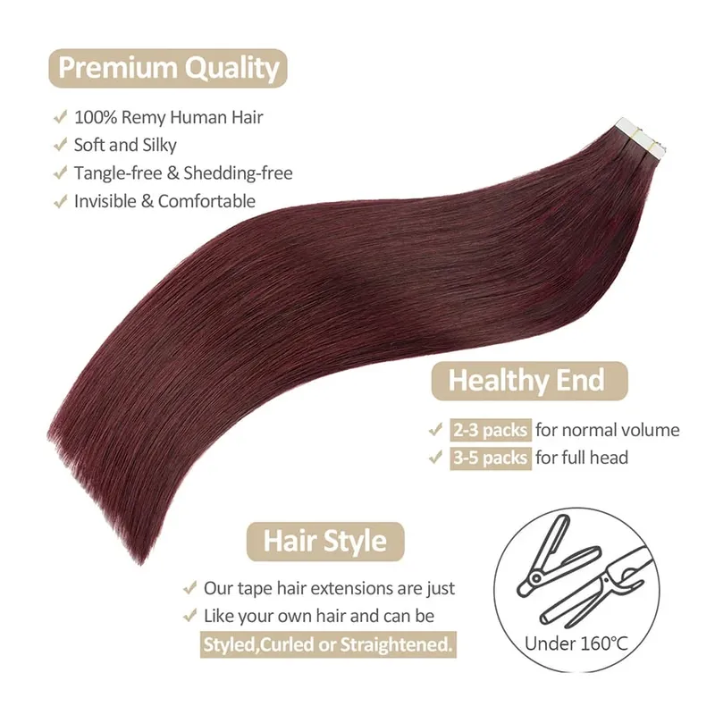 Wine Red Tape in Hair Extensions Real Human Hair 12-24" Invisible Seamless Burgundy Human Hair Tape in Extensions #99J 20/40pcs