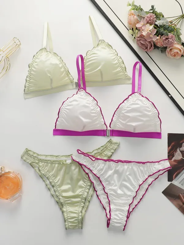 2Set Wanita Satin Segitiga Set Pakaian Dalam Wanita Bra Penutupan Depan Tanpa Wayar dengan Ruffle Trim Lembut Selesa Bra dan Set Seluar Dalam untuk Harian