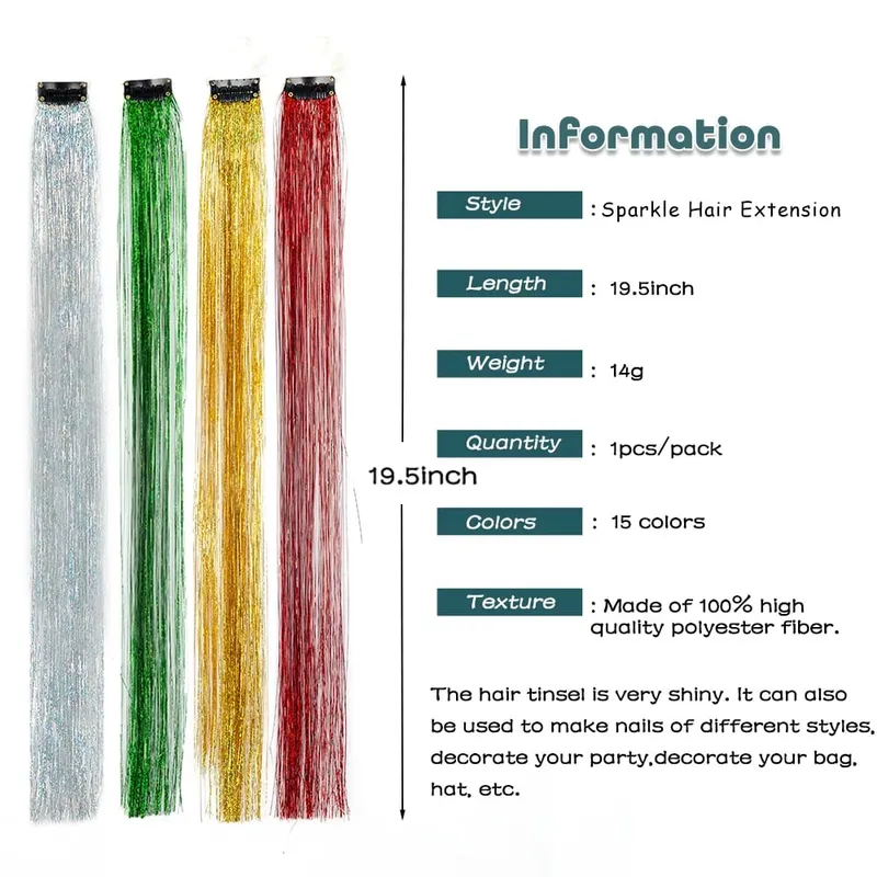 Wholesale 5Pcs/Pack Sparkling Shiny Hair Extensions Clip In Sparkle Shiny Hair Tinsel Rainbow Shiny Sparkle Hair Tinsel Pink/Red