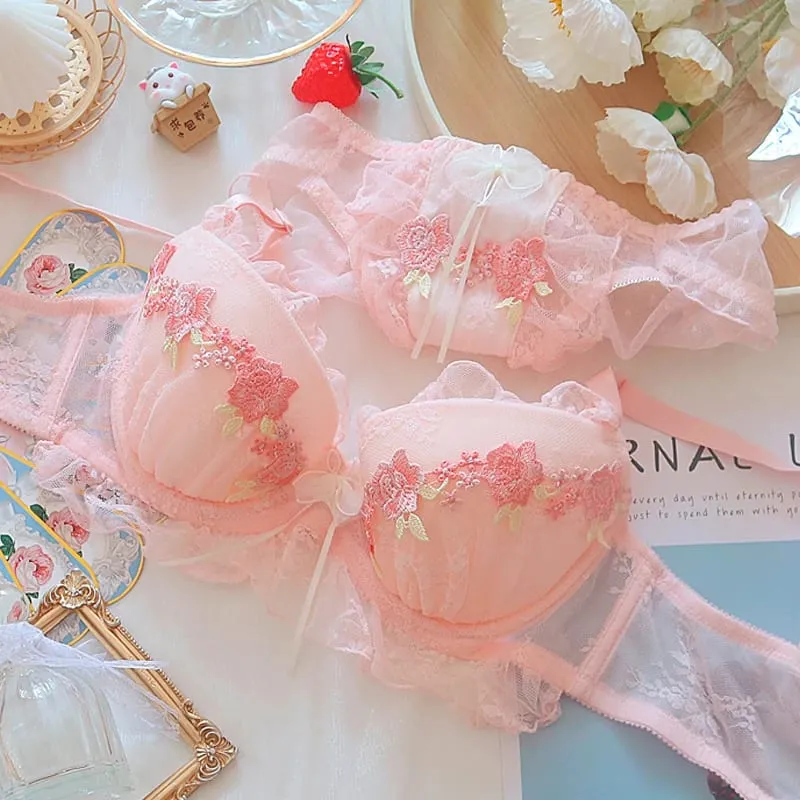 Sweet girl underwear suit lace water soluble flowers comfortable with steel rings gathered lingerie panty sets large size bra — image 1