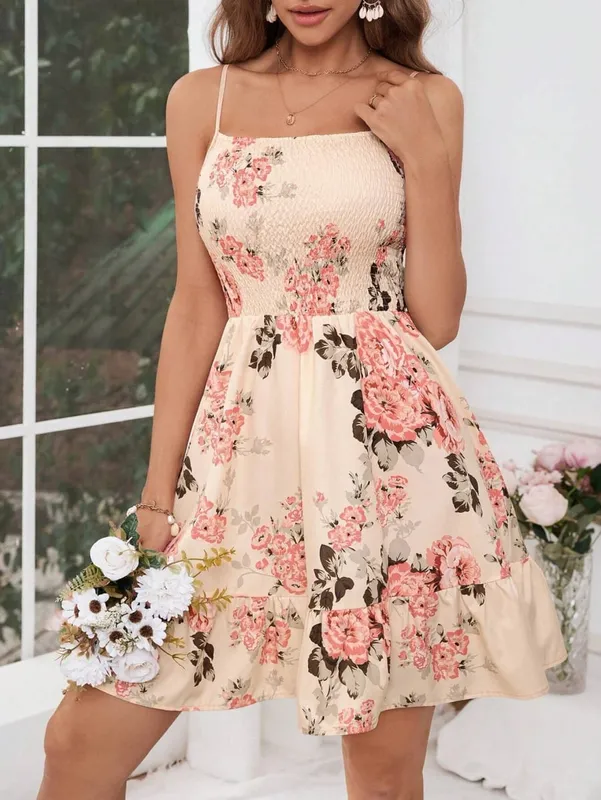 Women's Floral Print Shirred Spaghetti Strap Dress - Summer Boho Ruffle Sundress Casual Beach Maxi Dress — image 4