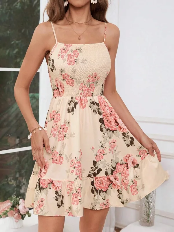 Women's Floral Print Shirred Spaghetti Strap Dress - Summer Boho Ruffle Sundress Casual Beach Maxi Dress — image 8