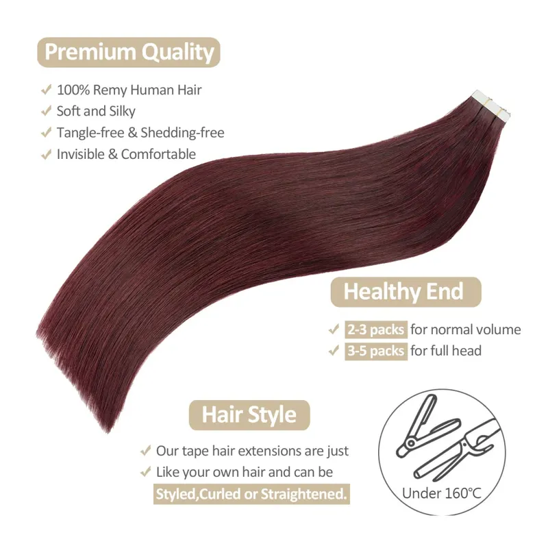 Tape in Hair Extensions 12-24" Double Weft Real Human Remy Hair Extensions Seamless Straight for Women Tape in Extensions #99J