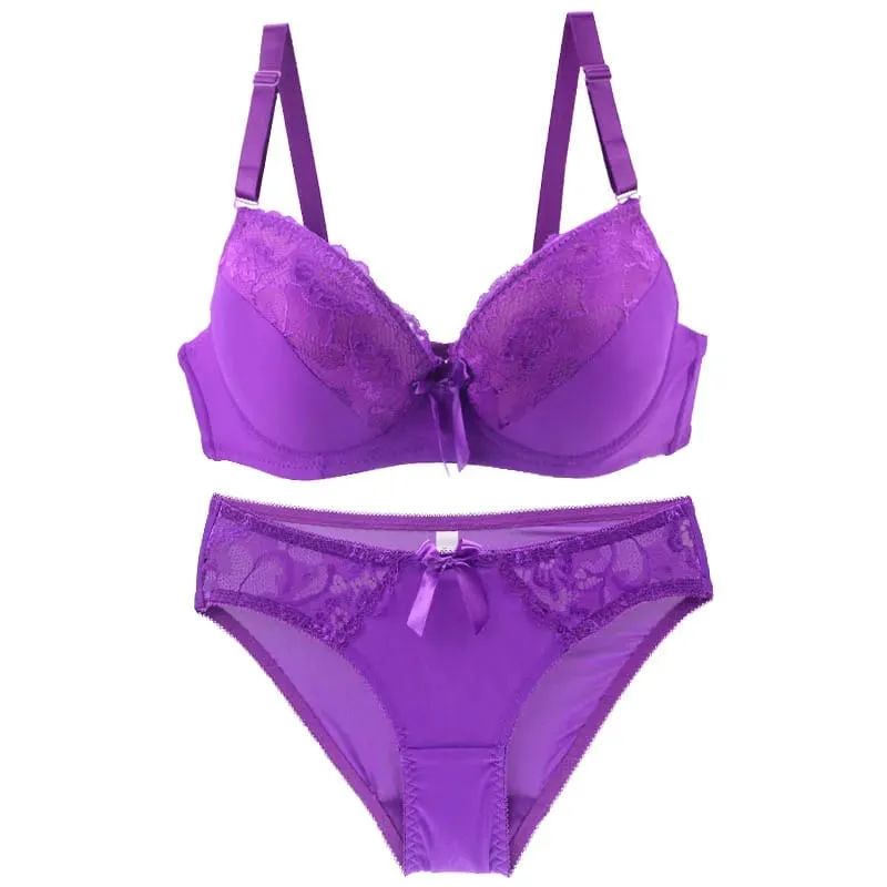 2021 New Sexy Push Up Bra Sets Intimates Lace Middle Mold Cup Thongs Underwear Solid Bow 70-105 BCDE Female Plus Size Lingerie