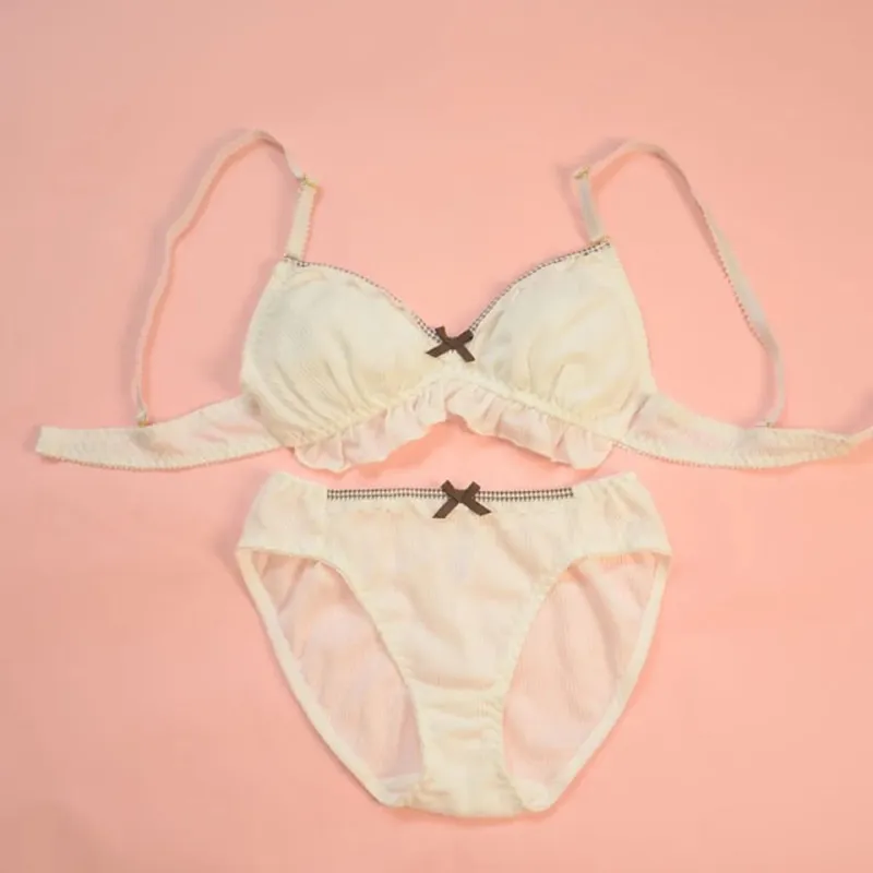 Japanese Student Girl's Underwear Set Cotton Bow Lace Wireless Bras Thongs Lace Lingerie Set Women Push Up Bra and Panty — image 11