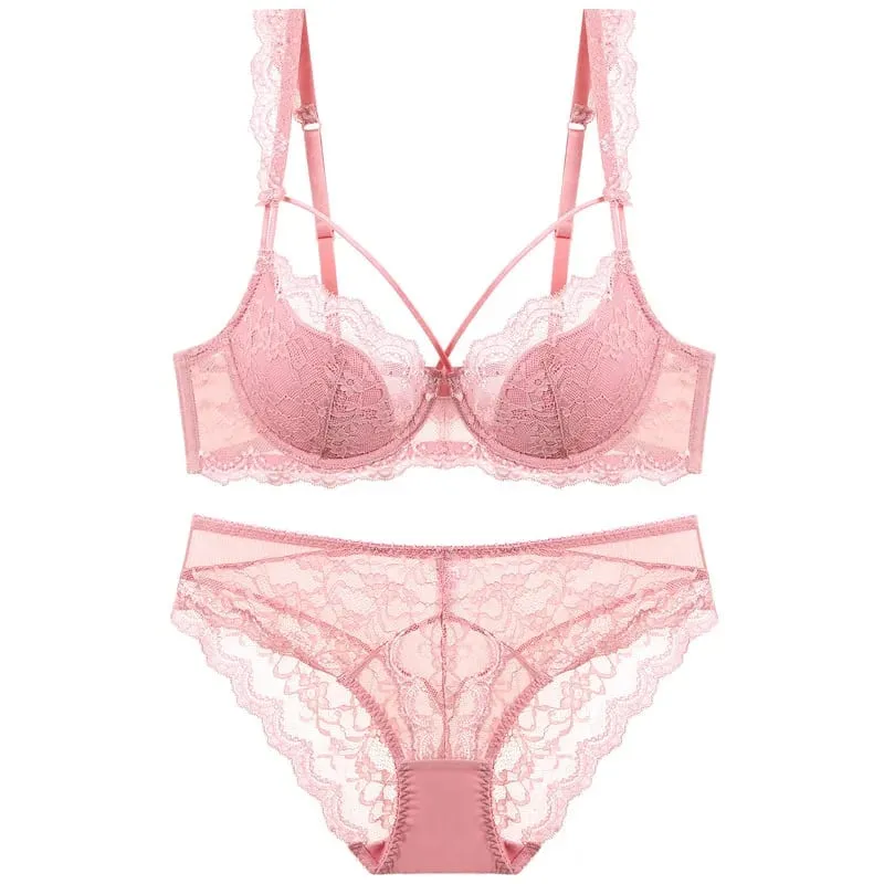Thin Lined Plus Size Lace Bra and Panties Set Underwear with Bandage Women Push Up Lingerie A B C D E Cup 95C 95D — image 3
