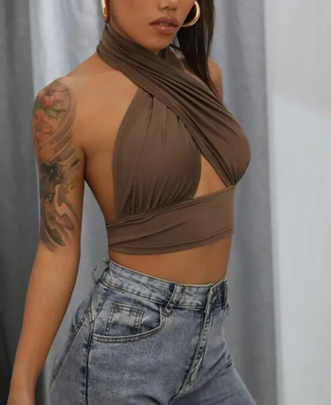 Women Summer Tank Tops Solid Cross Halter Camis Backless Crop Tops Female Camisole Cropped Top Slim Sleeveless Streetwear
