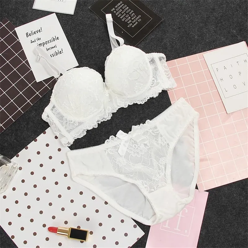 New Style Lace AB Cup Bra Sets Thin Bra And Panties Flower High Quality Push Up Underwear Suit Plus Size Lingerie Set — image 9
