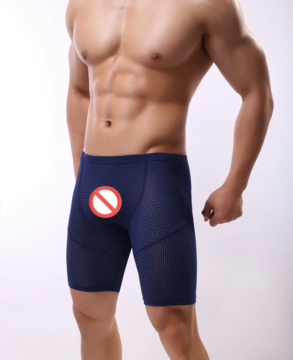 Fitness długie męskie bokserki siatkowa oddychająca bielizna męska bokserki spodenki z długimi nogawkami seksowne majtki do biegania z etui — image 3
