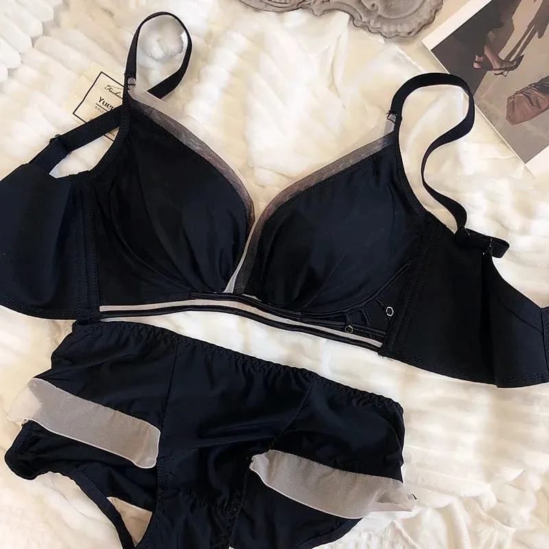 75-90 BC Cup Women Bra And Panties Set Seamless Underwear Chiffon Smooth Contrast Color Female Wire Free Push Up Sexy Lingerie