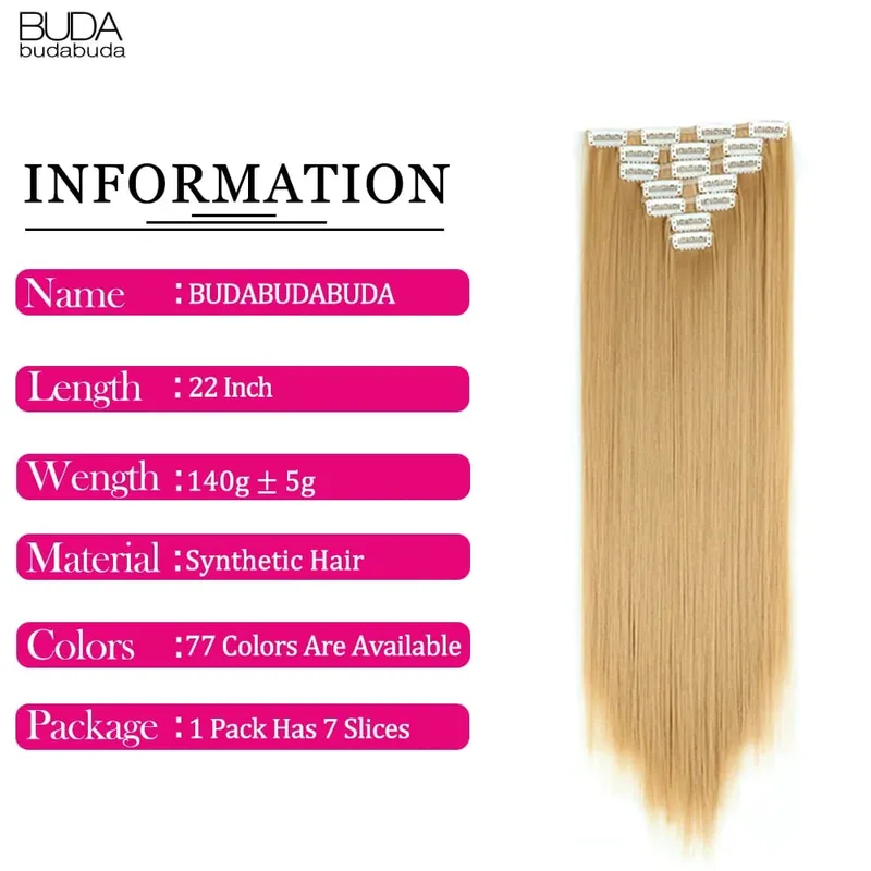 22palcové syntetické dlouhé rovné prodlužování vlasů s klipsem 16 klipů pro ženy falešné falešné vlasy ombre černá blond styling vlasů — image 3
