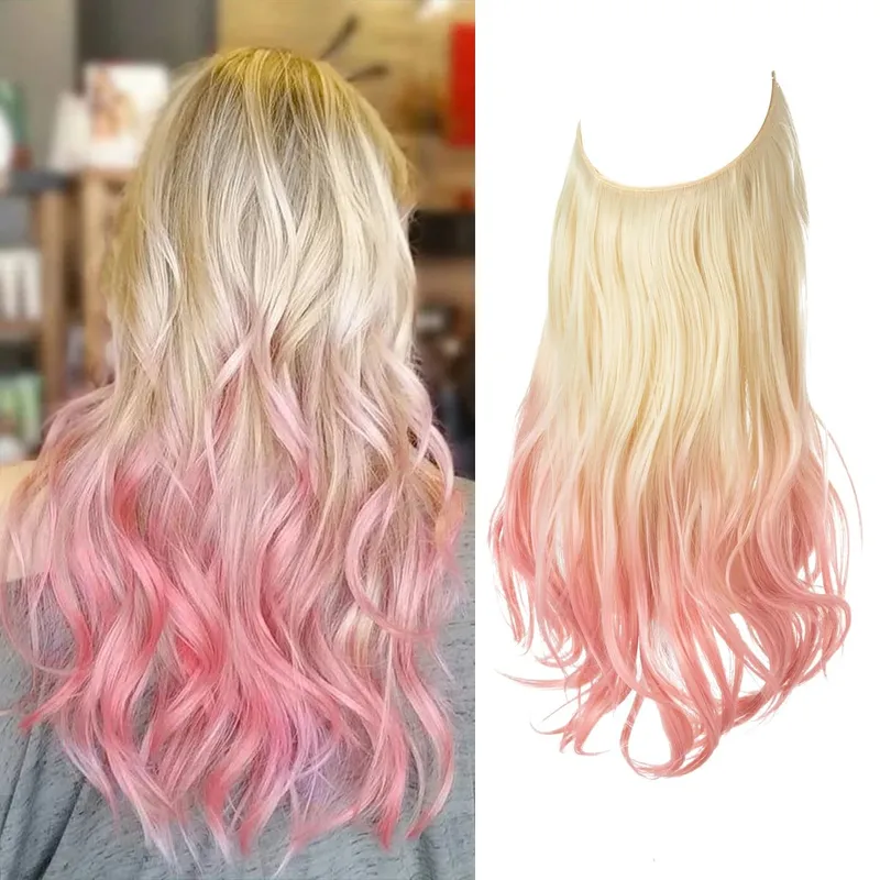 Synthetic Hair Extensions No Clips Fake Ombre Pink Blonde Brown Black Natural Wavy False Hair Piece For Woman