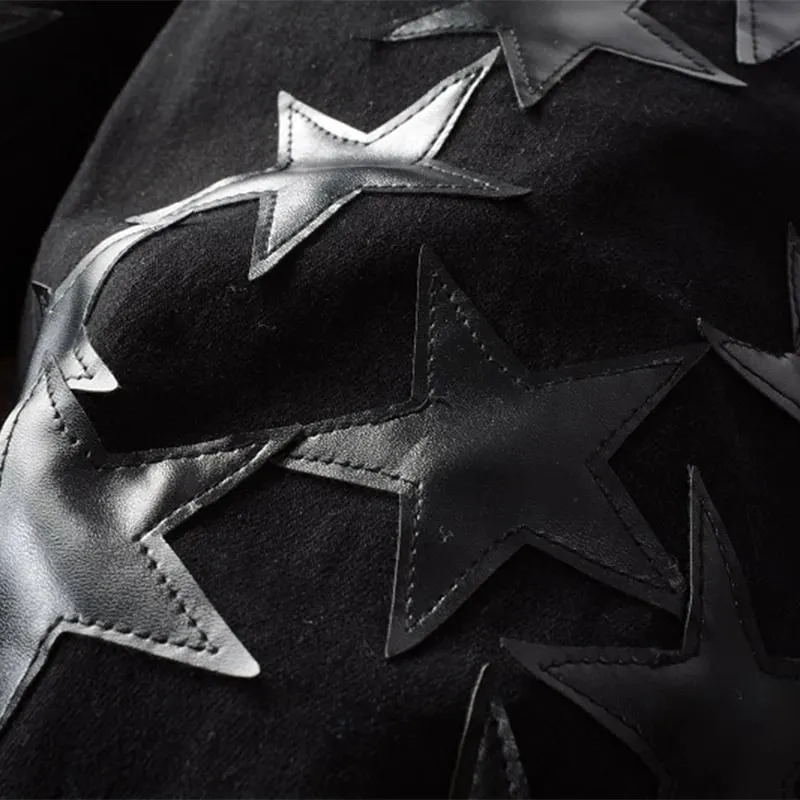 Men's Leather Stars Patch Jeans Black Stretch Denim Pencil Pants Slim Skinny Patchwork Trousers — image 5