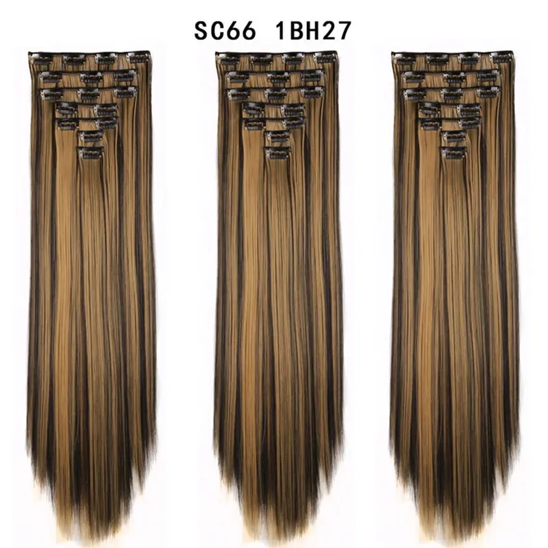 22palcové syntetické dlouhé rovné prodlužování vlasů s klipsem 16 klipů pro ženy falešné falešné vlasy ombre černá blond styling vlasů — image 11