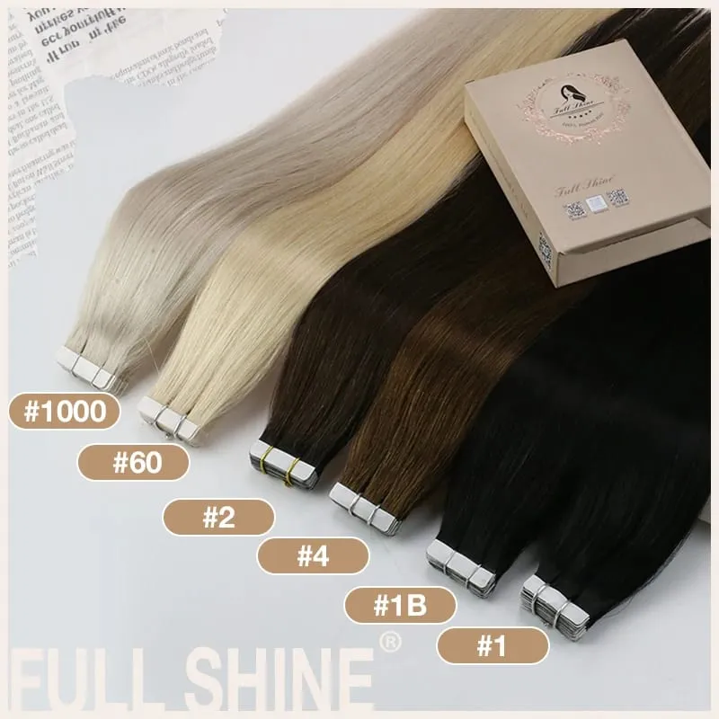 Full Shine Tape in Hair Extensions Remy Human Hair Darkest Brown 12inch-24inch 100% Remy Human Hair Invisible Straightu