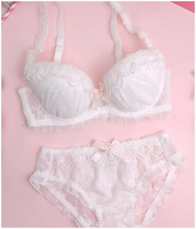 Girls water soluble lace thin section lingerie comfortable gather bra set ladies solid color underwear cute and sexy bralette
