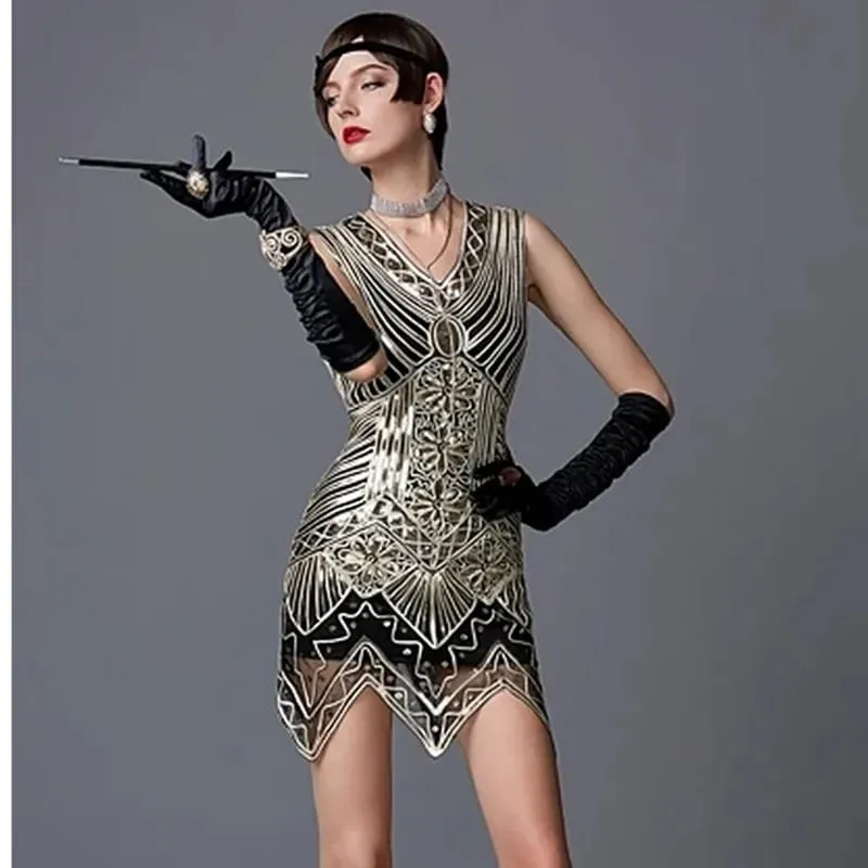 1920s Women's Sequin Triangle Hem Dress Sleeveless Gold Thread Embroidery Tassel Gatsby Party Dress — image 1