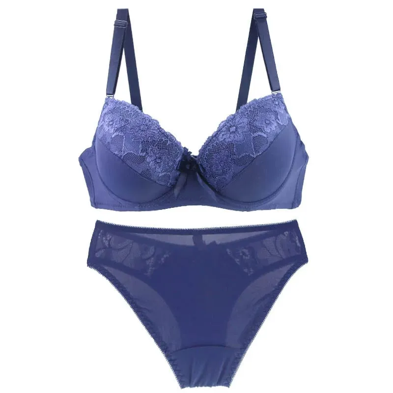 2021 New Sexy Push Up Bra Sets Intimates Lace Middle Mold Cup Thongs Underwear Solid Bow 70-105 BCDE Female Plus Size Lingerie