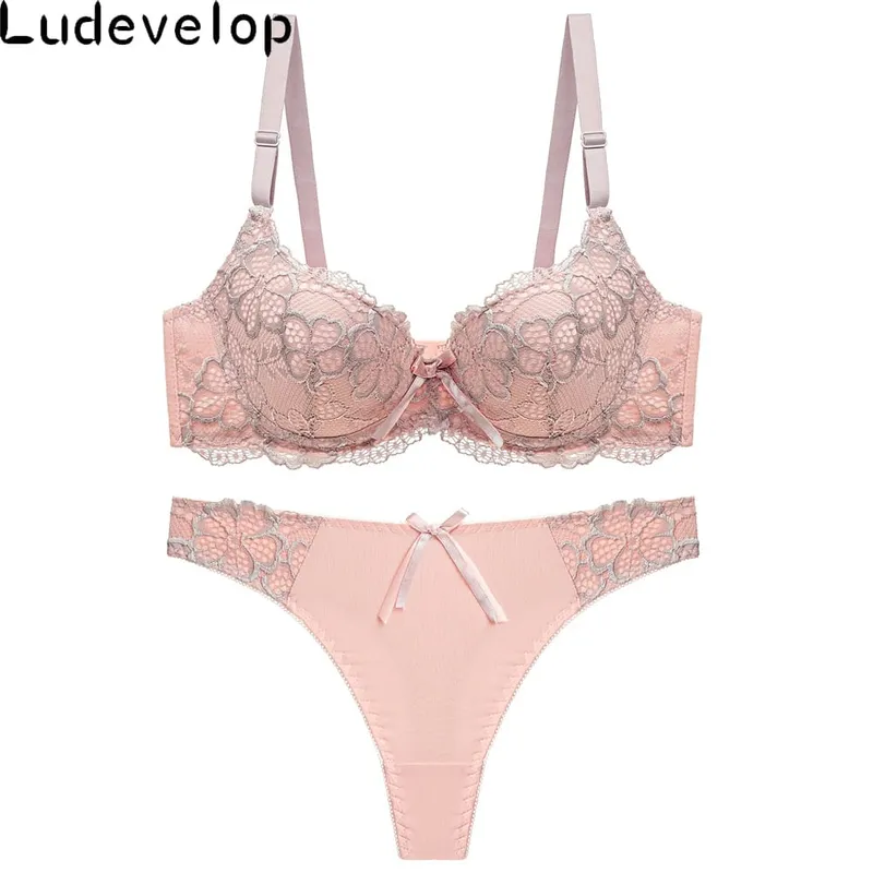 Good Quality Sexy Brassiere Embroidered Underwear Set ABC Cup Women Bra Set Push Up Lace Bra Thong Sets — image 3