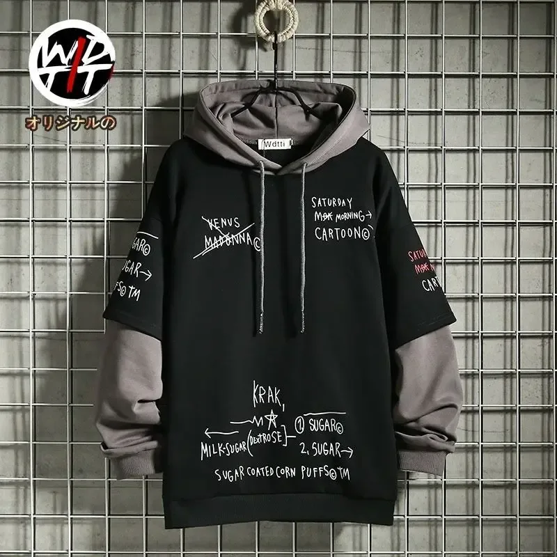 Spring /Autumn Men's Sweater Retro Mock Two-Piece Hooded Korean Hip Hop Print Sweatshirt Loose Hoodie Male Fleece Padded Jacket — image 7