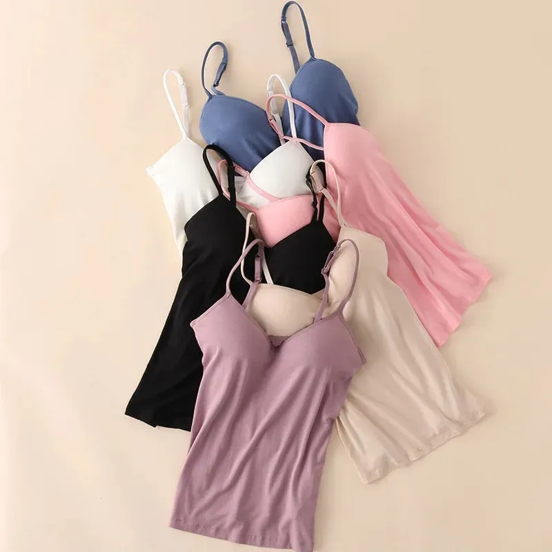 2024 Retro Vintage Basic&Casual Contracted wind Women Padded Bra Spaghetti Strap V Neck Vest Cami Tank Tops Shirt Blouse — image 3