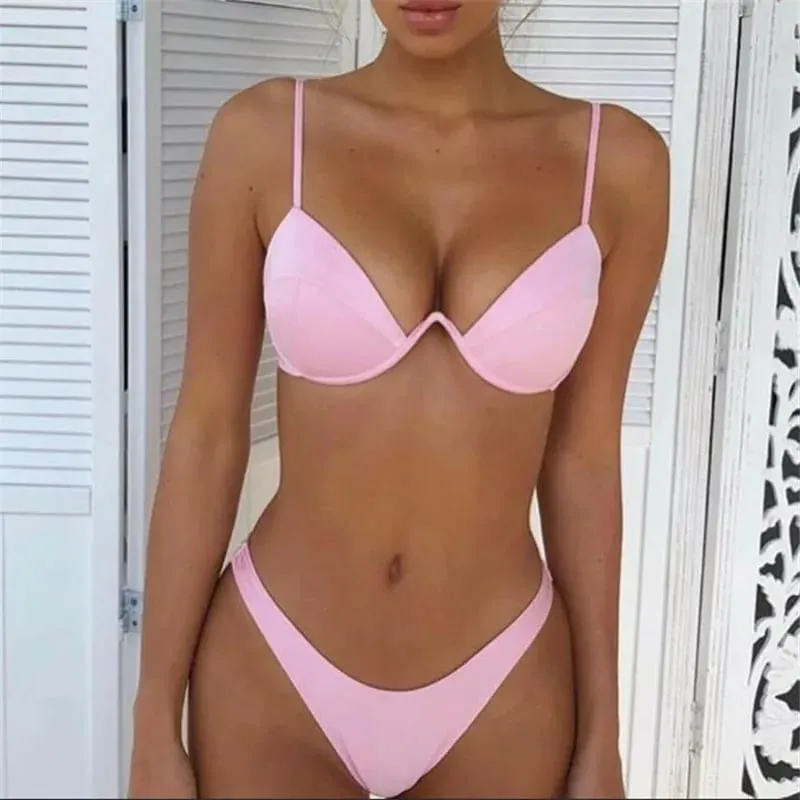 Women 2PCS Bikini Set Solid Color Wire Padded V-Shaped Back Buckle Bra Triangle High Waist Panty Summer Swimming Set Underwear — image 9