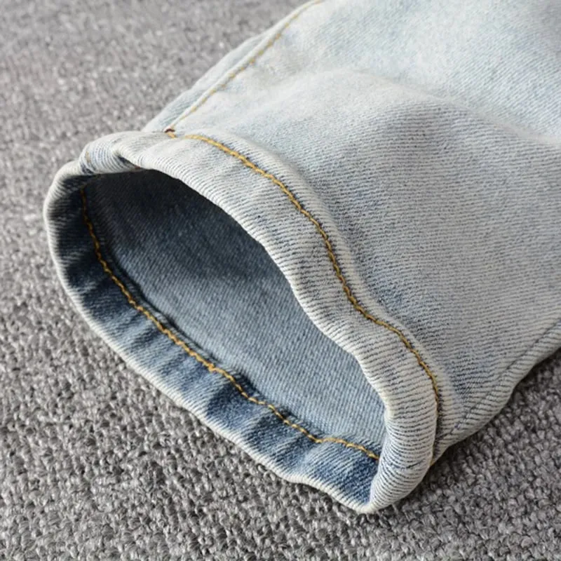 Men Crystal Holes Ripped Patchwork Jeans Streetwear Light Blue Denim Slim Skinny Pencil Pants Trousers — image 5
