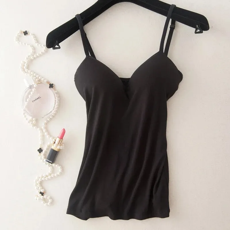 2024 Retro Vintage Basic&Casual Contracted wind Women Padded Bra Spaghetti Strap V Neck Vest Cami Tank Tops Shirt Blouse — image 8