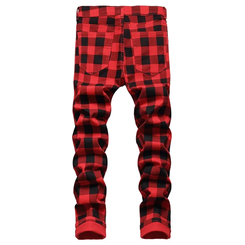 Men Red Plaid Printed Pants Fashion Slim Stretch Jeans Trendy Plus Size Straight Trousers — image 2