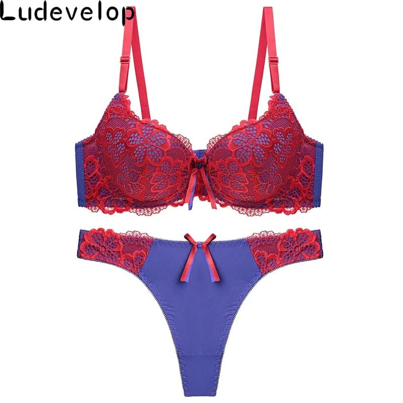 Good Quality Sexy Brassiere Embroidered Underwear Set ABC Cup Women Bra Set Push Up Lace Bra Thong Sets — image 6