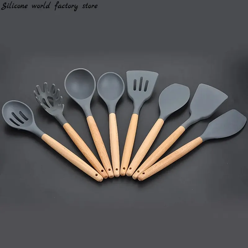 Silicone World Cooking Kitchenware Tool Silicone Utensils With Wooden Multifunction Handle Non-Stick Spatula Spoon Brush — image 1