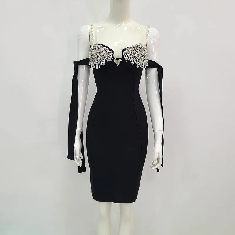 New Women Summer Sexy Backless Pearl Diamonds Crystal Black Mini Bodycon Bandage Dress 2021 Elegant Evening Party Dress Vestido