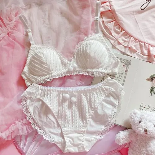 Japanese Student Girl's Underwear Set Cotton Bow Lace Wireless Bras Thongs Lace Lingerie Set Women Push Up Bra and Panty — image 12