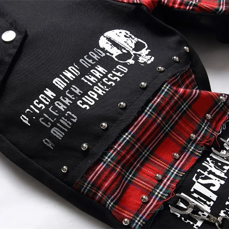 Men's Scotland Red Plaid Tartan Patchwork Jeans Punk Rivet Patch Black Denim Pants Skull Letters Printed Slim Straight Trousers — image 6