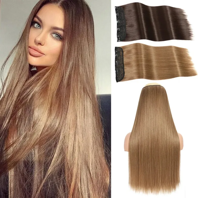 Synthetic Long Straight Clip In One Piece Hair Extension 5 Clips False Blonde Hair Brown Black Heat Resistant Fake Hair — image 8