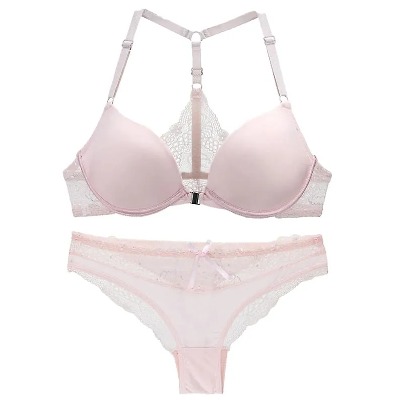 2022 New Sexy Halter Deep V Push Up Bras Set Solid Smooth Bow Decorative Women Underwear AB Cup Girls Lingerie — image 2