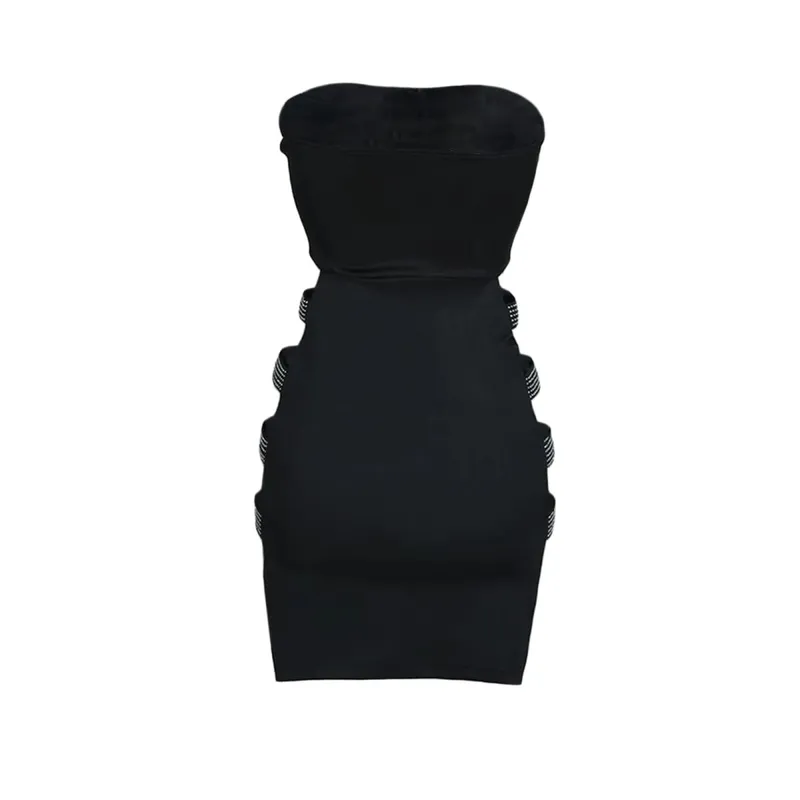 Sexy Lady Strapless Rhinestone Hollow Out Sheath Dress Women Sleeveless Solid Bodycon Mini Dress Nightclub Evening Party Dress