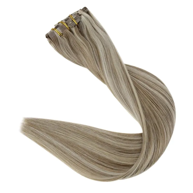 Full Shine Seamless Invisible Clip In Extensions Human Hair 8 Pcs 120g Remy Balayage Blonde Color