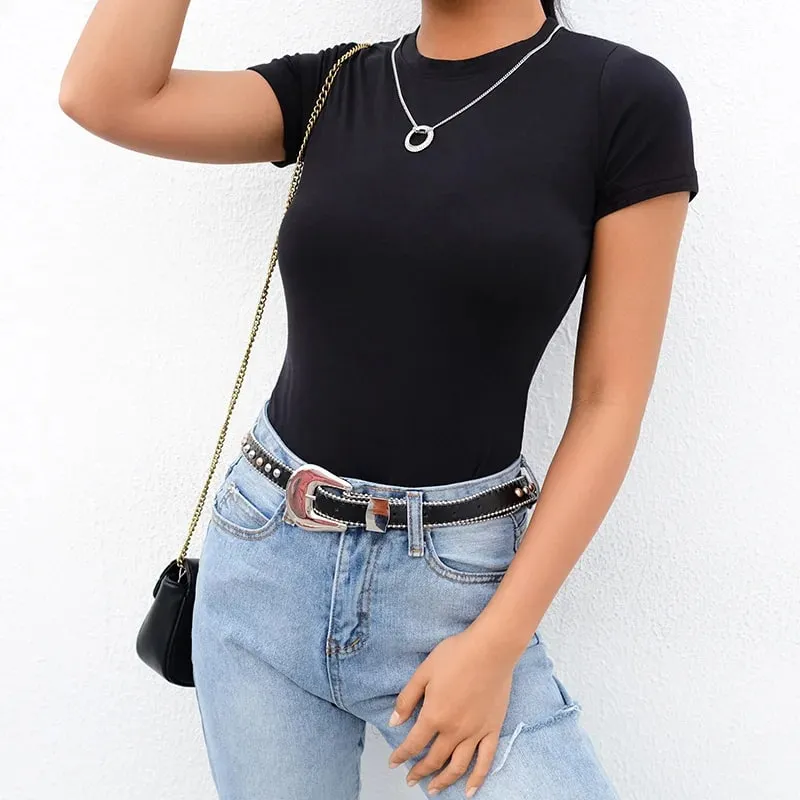 Casual Basic Black White Bodysuit Pambabae Summer Short Sleeve Woman Top Cotton Bodycon Jumpsuit Romper Ladies 2020 — image 7