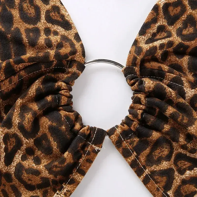 Leopard Printed Sexy Halter Crop Top Women Camis Backless Bandage Lace Up Sequins Metal Ring Tank Top 2020 Party Club Bustier
