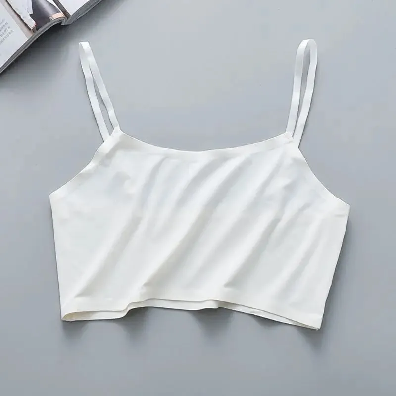 Women Girls Summer Ice Silk Crop Top Spaghetti Strap Seamless Bralette Solid Color Wire Free Basic Stretch Camisole Vest
