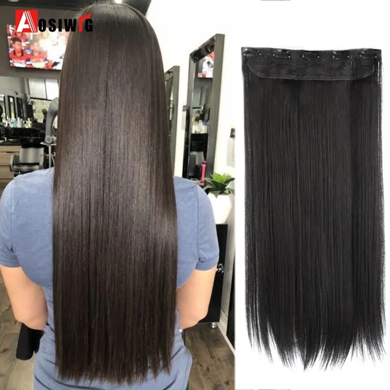 Apliques de cabelo falsos naturais longos e retos, preto, marrom, alta temperatura, sintético, 5 clipes em extensões de cabelo para mulheres