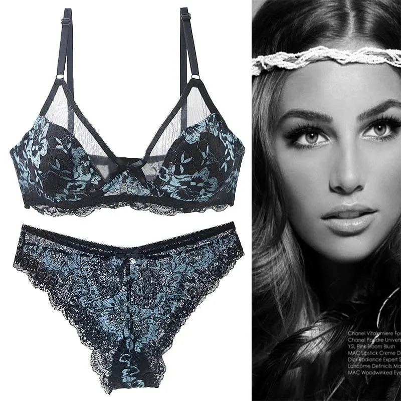 Women Ultra-thin BCDE Cup Mesh Lace Underwear Transparent Bra Sets Beauty Back Hollow Embroidery Female Lingerie — image 3