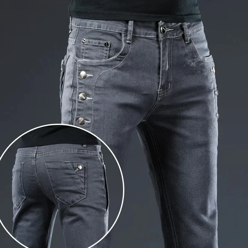 New Men Slim Button Black Skinny Jeans Solid Color Stretch Skateboard Multi-button Youth Male Denim Pants — image 9